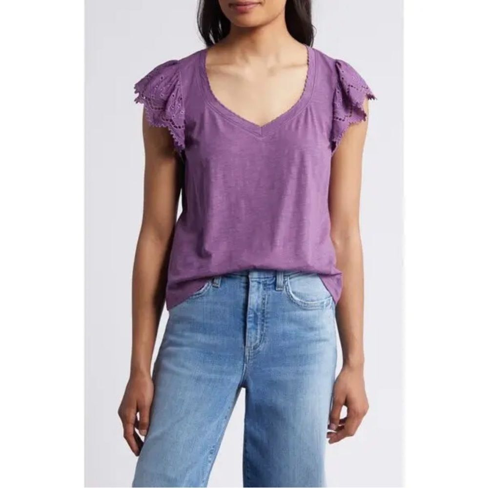 NWT Wit & Wisdom Nordstrom Eyelet Flutter Sleeve Jersey Tee in Sunset Purple - S